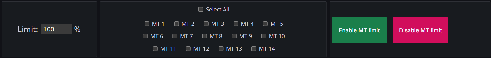 MT limiting controls with limit %, MT selection, and enable/disable buttons