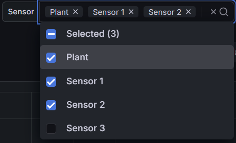 Sensor selection dropdown showing Plant, Sensor 1, Sensor 2, and Sensor 3 options