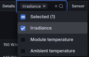 Source selection dropdown with options: Irradiance, Module temperature, Ambient temperature, Wind speed
