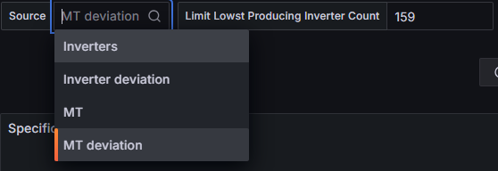 Source selection dropdown for Specific Production